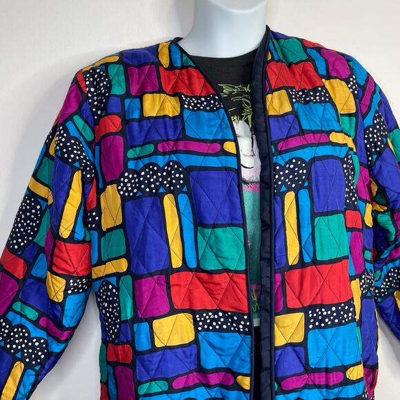 Vintage Rhoda Lynne Quilted Silk Open Jacket 90s Colorful Oversized Womens S - Picture 5 of 15